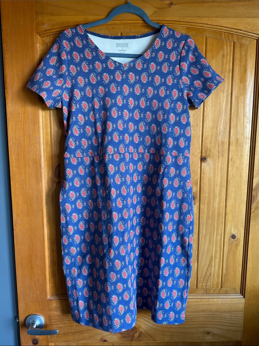 Duluth Trading Co Navy Dress with Red Paisley Print